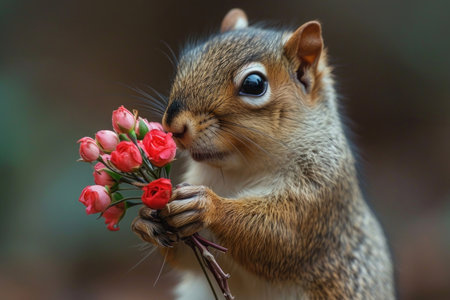 A love-struck squirrel tenderly offers a vibrant bouquet of flowers to its companionの素材