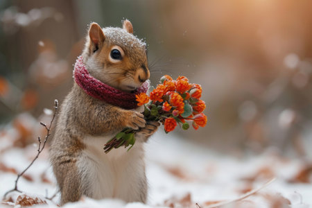 A love-struck squirrel tenderly offers a vibrant bouquet of flowers to its companionの素材