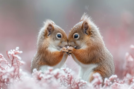 A squirrel couple shares a nutty delight, symbolizing their bond over a tasty treatの素材