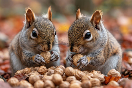 A squirrel couple shares a nutty delight, symbolizing their bond over a tasty treatの素材