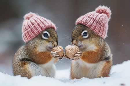 A squirrel couple shares a nutty delight, symbolizing their bond over a tasty treatの素材