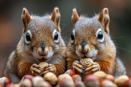 A squirrel couple shares a nutty delight, symbolizing their bond over a tasty treatの素材