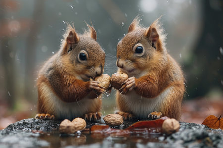 A squirrel couple shares a nutty delight, symbolizing their bond over a tasty treatの素材