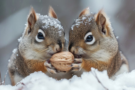 A squirrel couple shares a nutty delight, symbolizing their bond over a tasty treatの素材