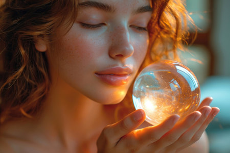 The elegance of a woman's hand delicately holding a sphere adorned with a happy smileの素材