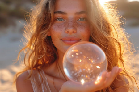 The elegance of a woman's hand delicately holding a sphere adorned with a happy smileの素材