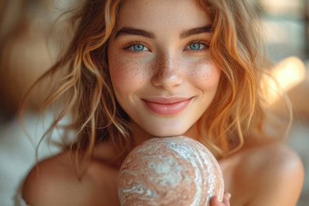 The elegance of a woman's hand delicately holding a sphere adorned with a happy smileの素材