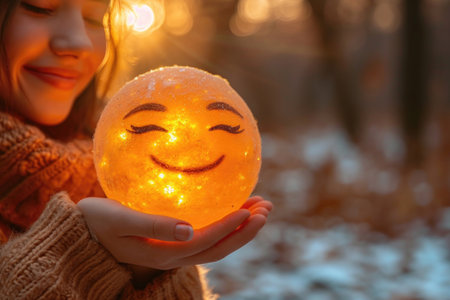 The elegance of a woman's hand delicately holding a sphere adorned with a happy smileの素材