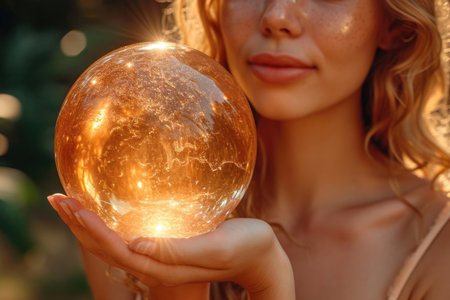 The elegance of a woman's hand delicately holding a sphere adorned with a happy smileの素材