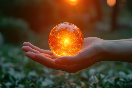 A joyful woman's hand warmly embraces a sphere radiating positivityの素材