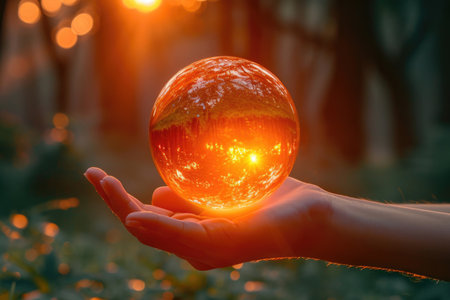 A joyful woman's hand warmly embraces a sphere radiating positivityの素材