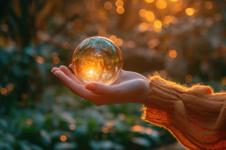 A woman's hand extends gracefully, presenting a sphere representing mental health awarenessの素材