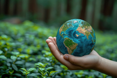 A woman's hand gently encircles a sphere that embodies global mental health awarenessの素材