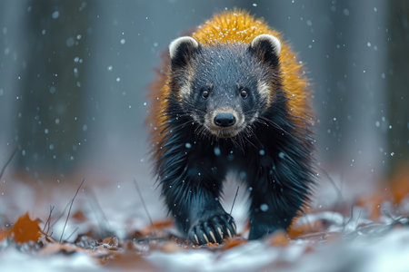 A powerful wolverine prowls through the dense shadows of a forestの素材