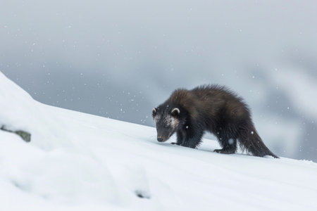 A wolverine exhibits stealth in the pristine alpine snowの素材