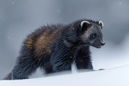 A wolverine exhibits stealth in the pristine alpine snowの素材