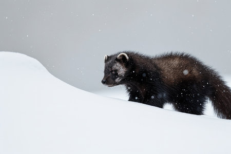 A wolverine exhibits stealth in the pristine alpine snowの素材