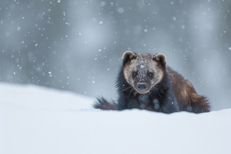 A wolverine exhibits stealth in the pristine alpine snowの素材