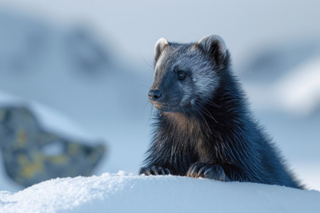 A wolverine exhibits stealth in the pristine alpine snowの素材