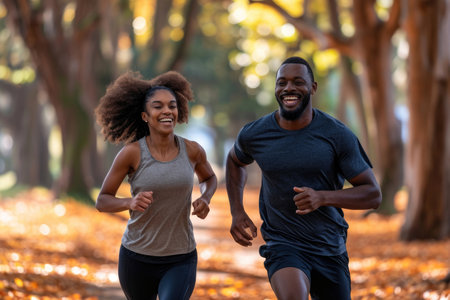 The radiant smiles of a middle-aged couple engaged in a jogging workoutの素材