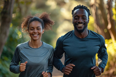 The radiant smiles of a middle-aged couple engaged in a jogging workoutの素材