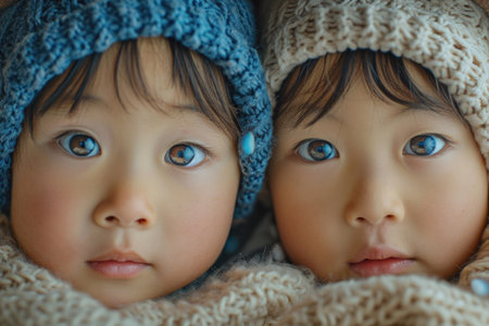 The identical faces of twins immersed in the simple joys of everyday lifeの素材