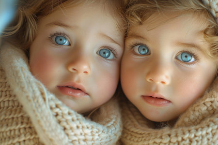 The close-up portrays the radiant faces of twinsの素材