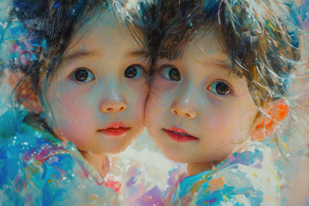 The close-up portrays the radiant faces of twinsの素材