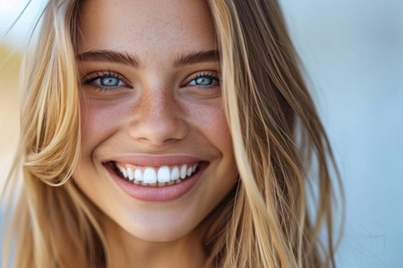 The radiant smiles of a girl, showcasing a perfect grin with gleaming white teethの素材