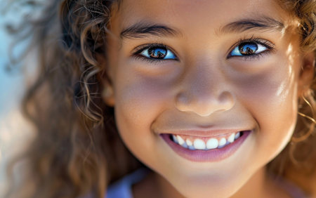 The radiant smiles of a girl, showcasing a perfect grin with gleaming white teethの素材