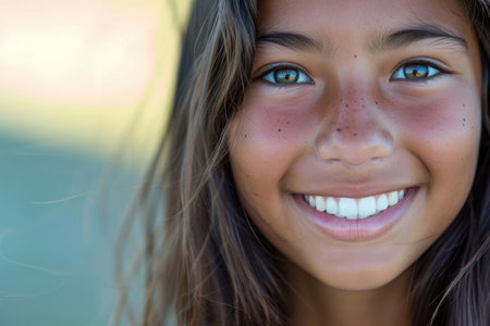 The close-up showcases the enchanting smile of the girlの素材