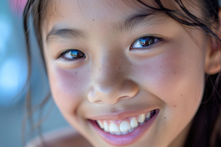 The close-up showcases the enchanting smile of the girlの素材