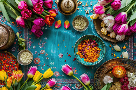 Nowruz Blossoms, Blooming flowers and festive elements symbolizing renewal and hopeの素材