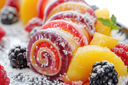 A delectable fruit roll, beautifully presented on a clean white canvasの素材