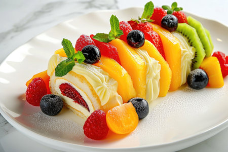 A delectable fruit roll, beautifully presented on a clean white canvasの素材