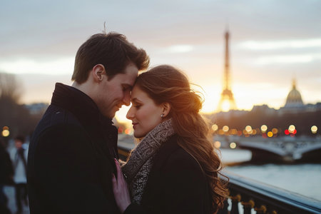 A loving couple lost in each other's eyes, surrounded by the enchanting ambiance of Parisの素材