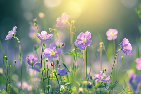 A symphony of delicate flowers blooming in a sunlit meadowの素材