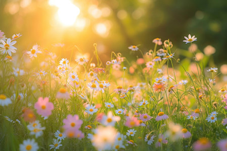 A symphony of delicate flowers blooming in a sunlit meadowの素材