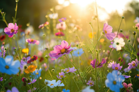 A symphony of delicate flowers blooming in a sunlit meadowの素材