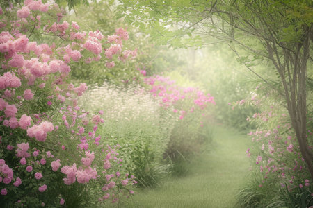 A tranquil garden adorned with pastel bloomsの素材