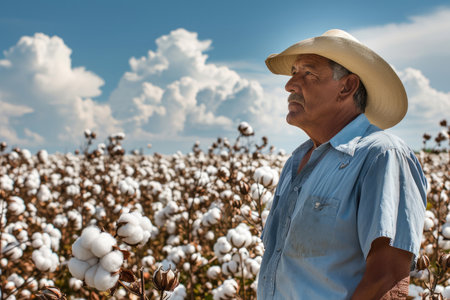 Cotton Harvest Season - Farmer Inspecting Cotton Crops Ready for Harvestの素材