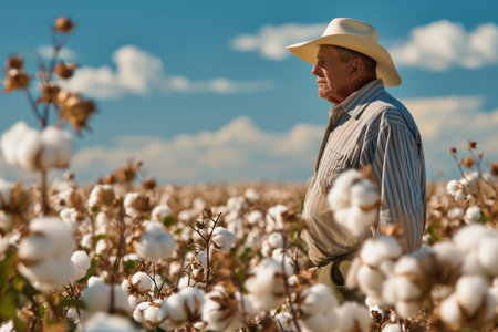 Cotton Harvest Season - Farmer Inspecting Cotton Crops Ready for Harvestの素材
