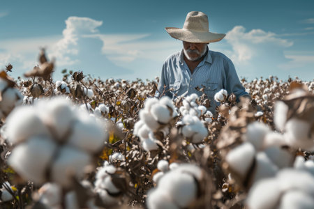 Cotton Harvest Season - Farmer Inspecting Cotton Crops Ready for Harvestの素材