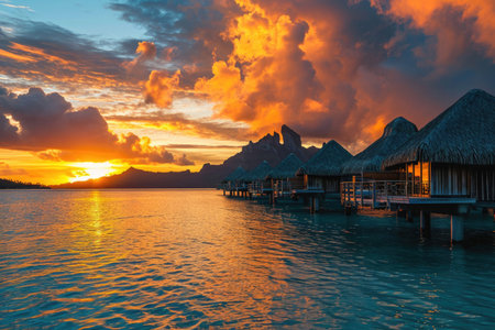 The serene allure of Bora Bora's lagoon during a mesmerizing sunsetの素材