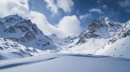 The serene beauty of the Alps adorned with pristine snow covering the towering peaksの素材