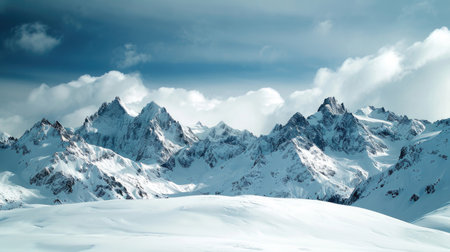 The serene beauty of the Alps adorned with pristine snow covering the towering peaksの素材