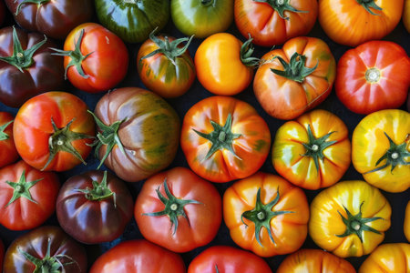 An array of heirloom tomatoes, showing the diverse colors, shapes and sizesの素材
