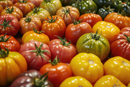 An array of heirloom tomatoes, showing the diverse colors, shapes and sizesの素材