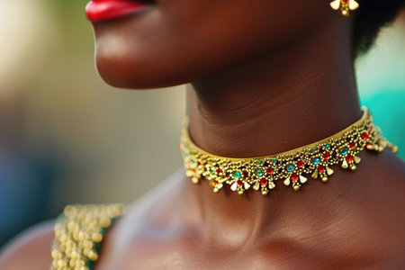 Close-up of a woman's neck adorned with a gold chain necklaceの素材