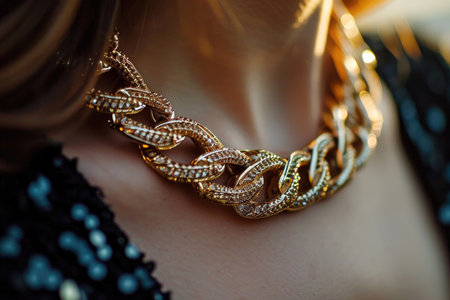Close-up of a woman's neck adorned with a gold chain necklaceの素材